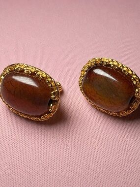 Vintage Brown Cabochon Clip-On Earrings Ornate Gold Tone Statement